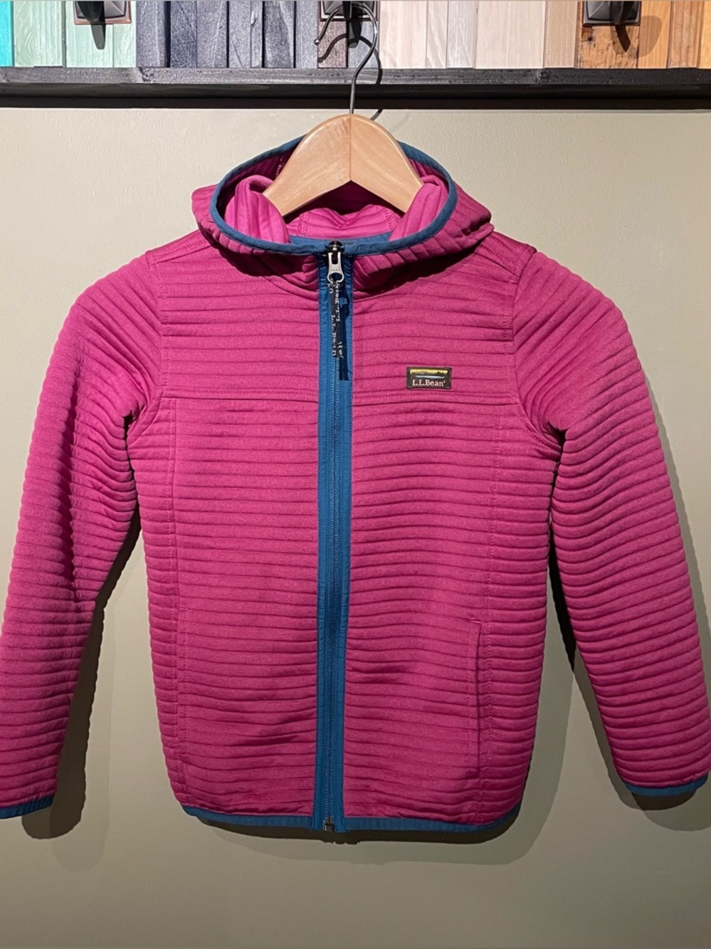 L.L. Bean Girls' Pink Quilted Hooded Jacket with Blue Trim
